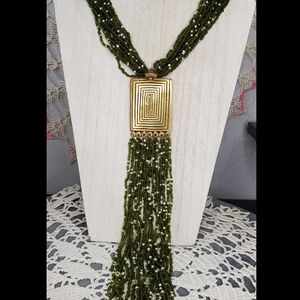 Vintage Handcrafted Brass & Olive Green Seed Beaded Y-drop Statement Necklace